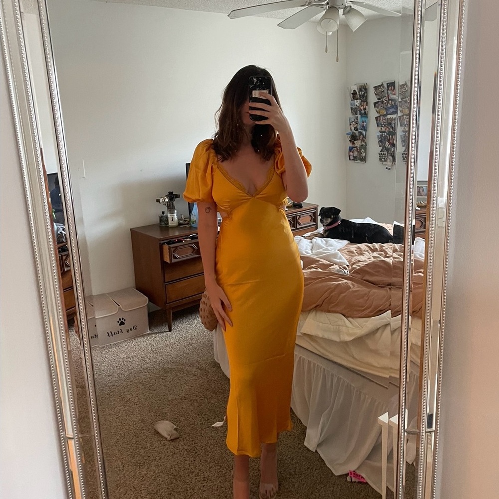 ASOS yellow satin midi dress